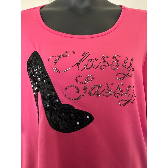 Classy Sassy Pink Top With Sequin Heel Graphic & Flutter Sleeves  SIZE 22 - Picture 3 of 9